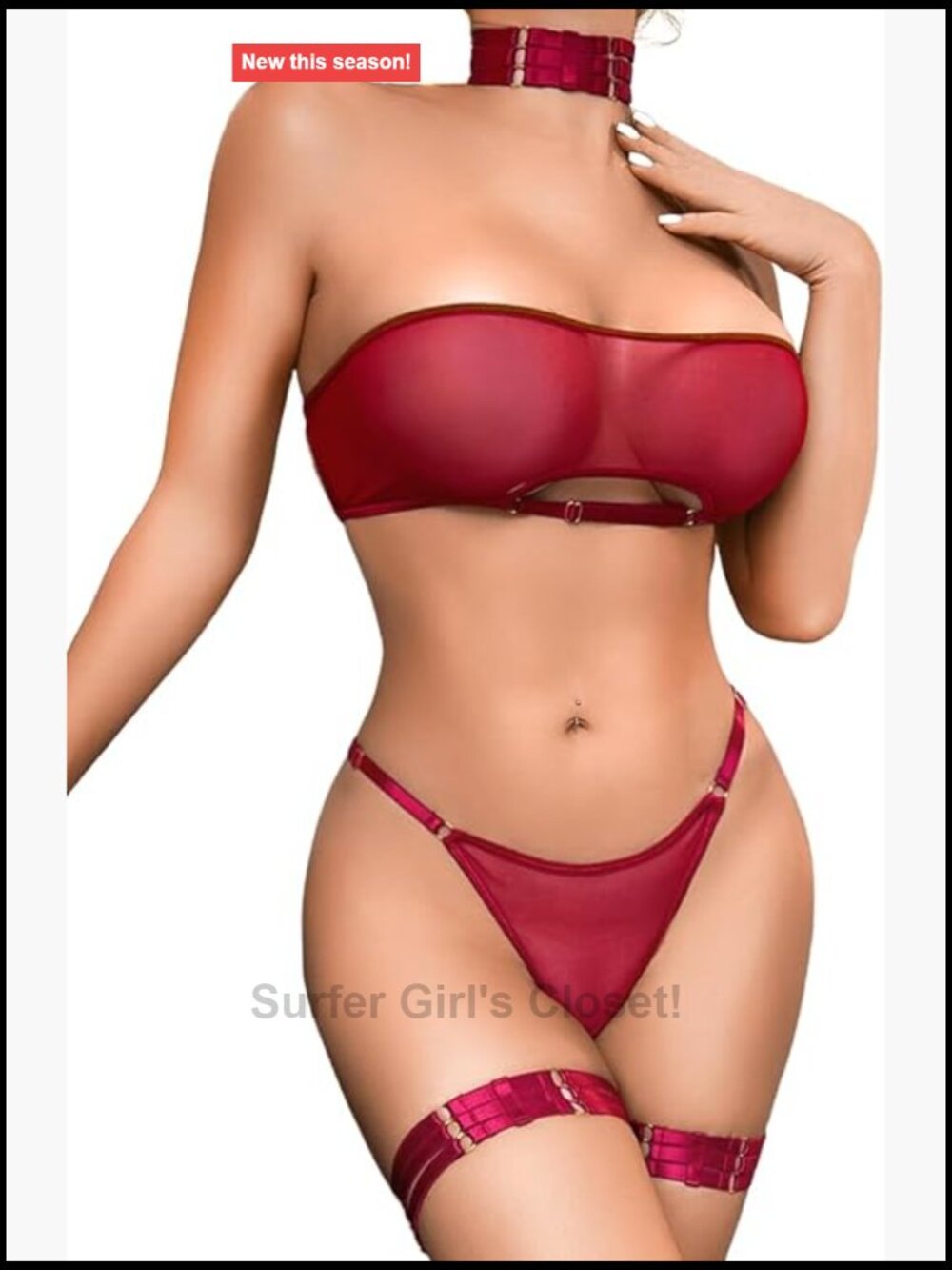 Sheer Mesh Lingerie Set 4PC Wireless Bra Thong Choker Straps